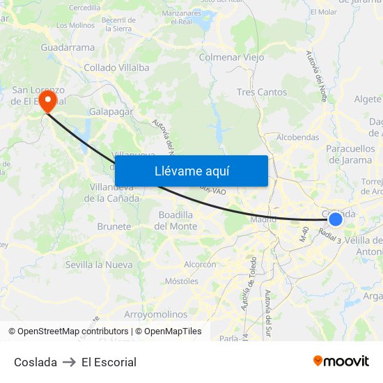 Coslada to El Escorial map