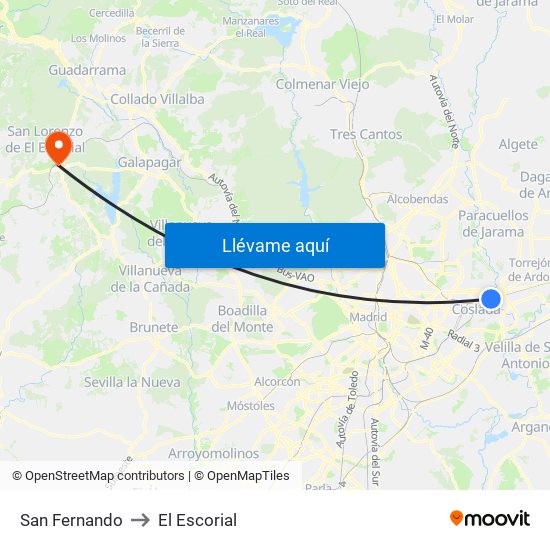 San Fernando to El Escorial map