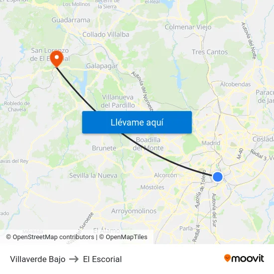 Villaverde Bajo to El Escorial map