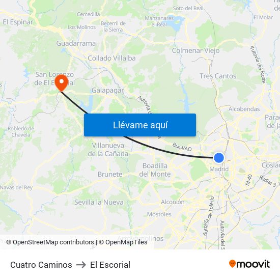 Cuatro Caminos to El Escorial map