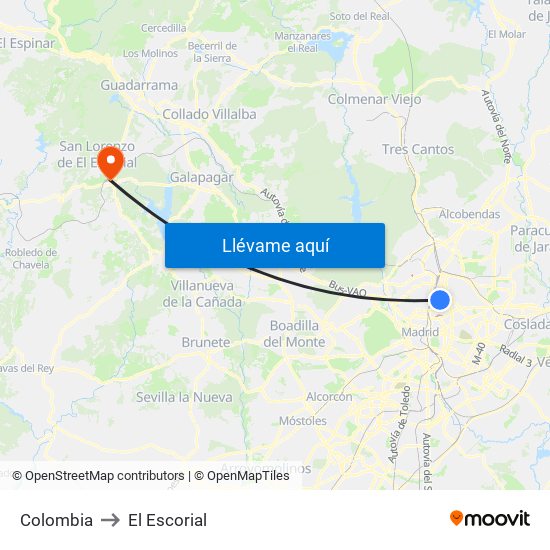 Colombia to El Escorial map