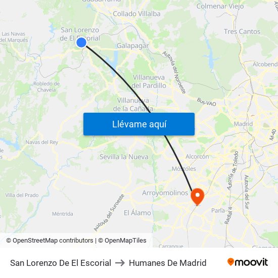 San Lorenzo De El Escorial to Humanes De Madrid map