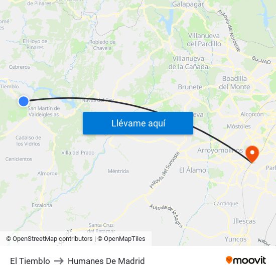 El Tiemblo to Humanes De Madrid map