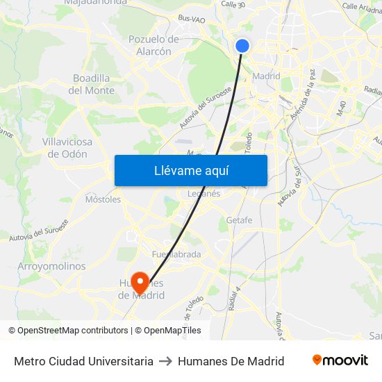 Metro Ciudad Universitaria to Humanes De Madrid map