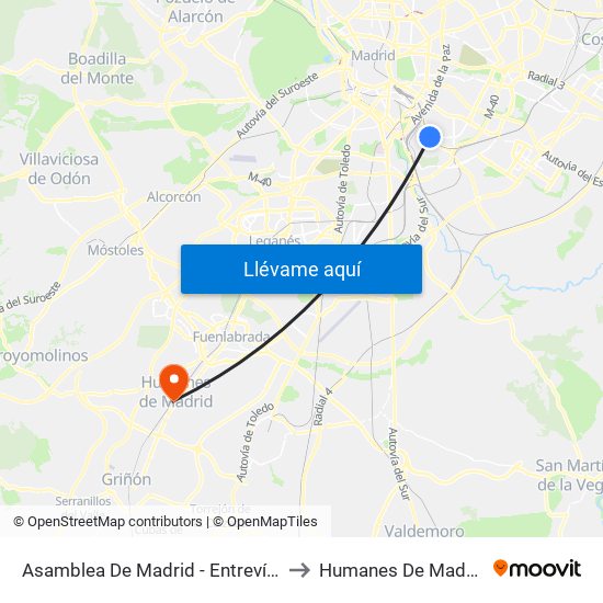 Asamblea De Madrid - Entrevías to Humanes De Madrid map
