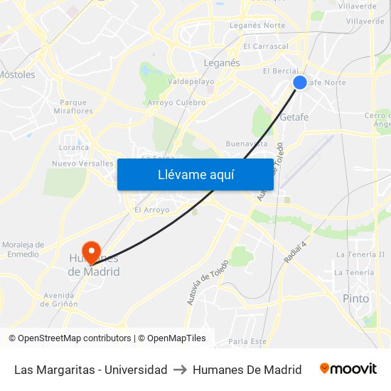 Las Margaritas - Universidad to Humanes De Madrid map