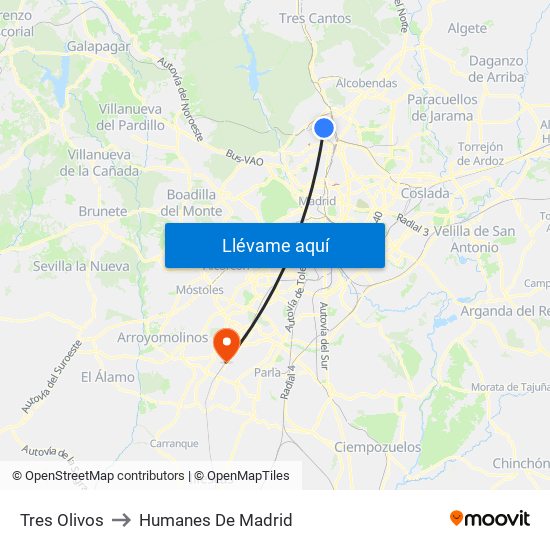 Tres Olivos to Humanes De Madrid map