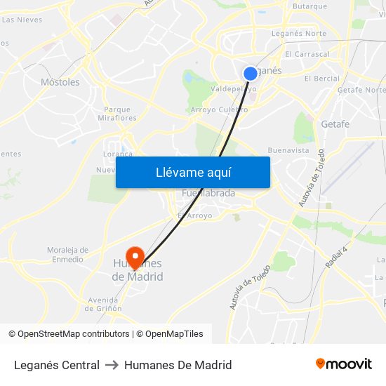 Leganés Central to Humanes De Madrid map