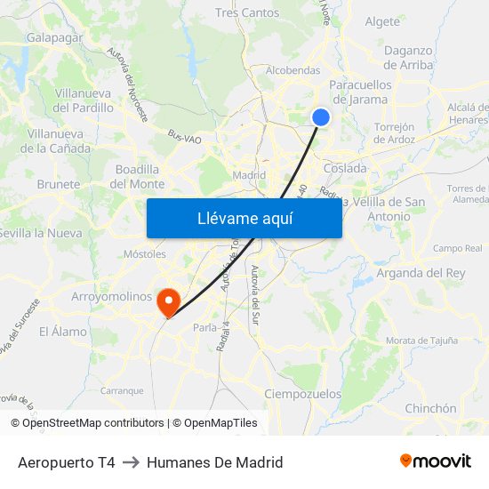 Aeropuerto T4 to Humanes De Madrid map