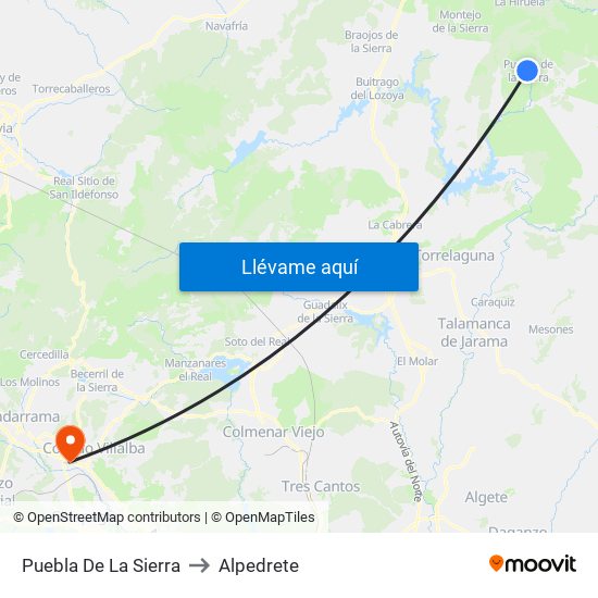 Puebla De La Sierra to Alpedrete map