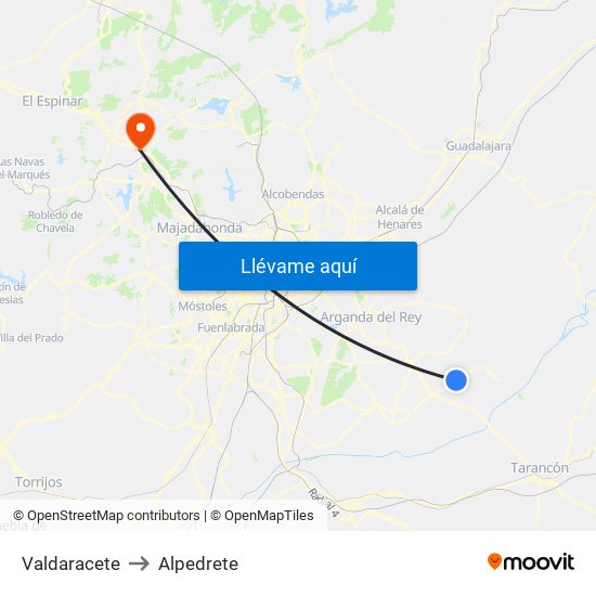 Valdaracete to Alpedrete map