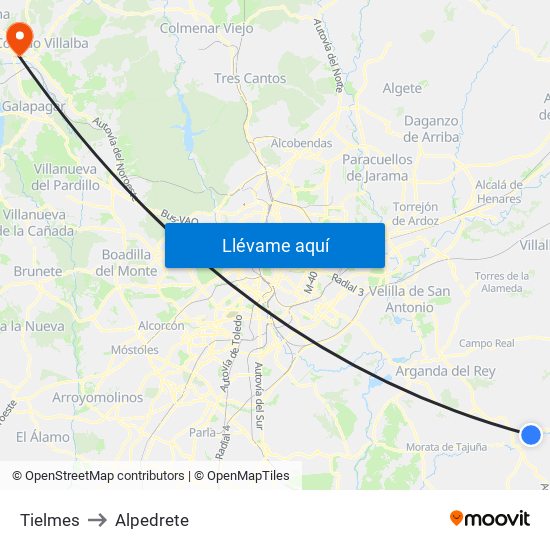 Tielmes to Alpedrete map