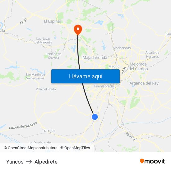 Yuncos to Alpedrete map