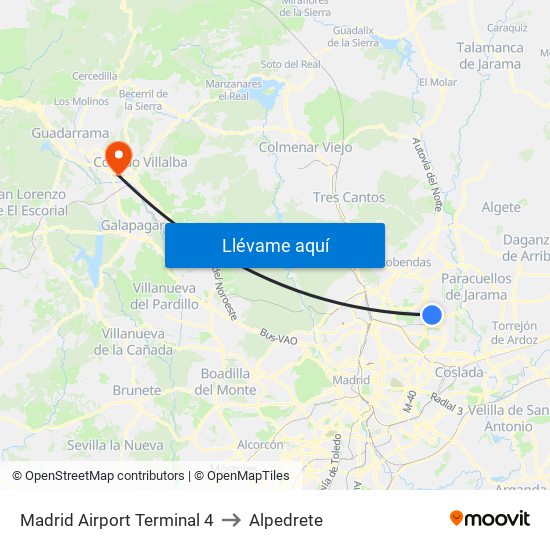Madrid Airport Terminal 4 to Alpedrete map