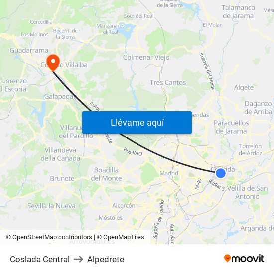 Coslada Central to Alpedrete map