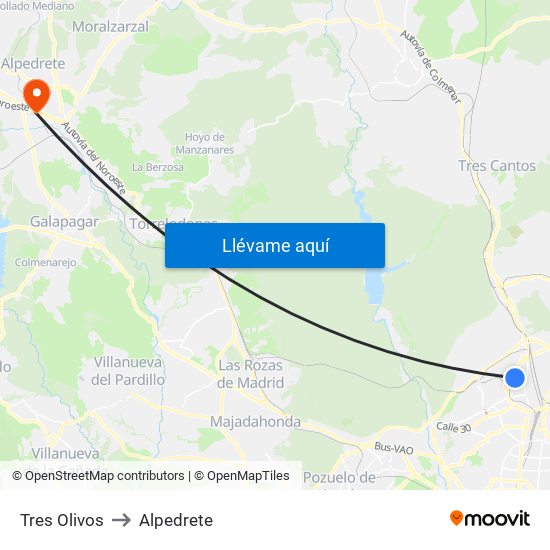 Tres Olivos to Alpedrete map