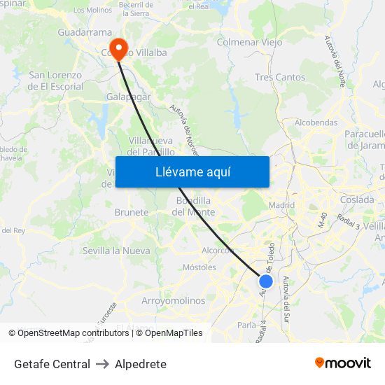 Getafe Central to Alpedrete map