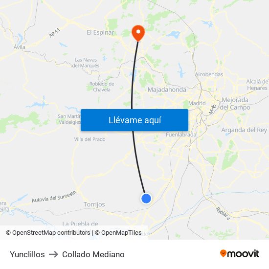 Yunclillos to Collado Mediano map