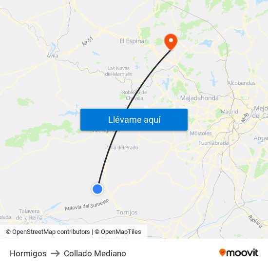 Hormigos to Collado Mediano map