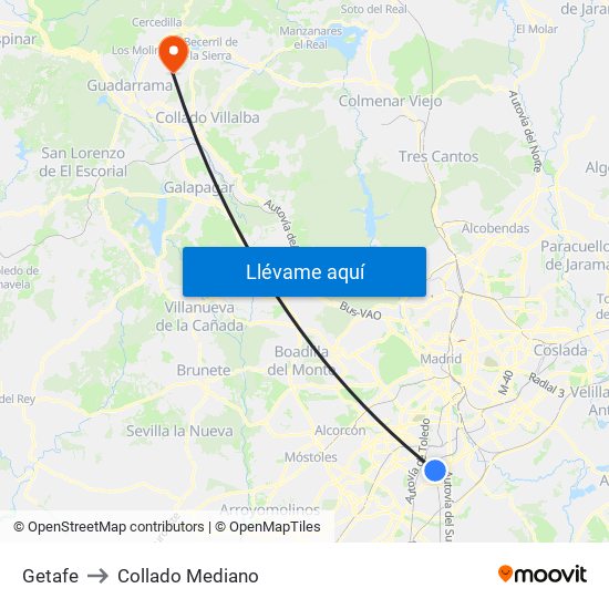 Getafe to Collado Mediano map