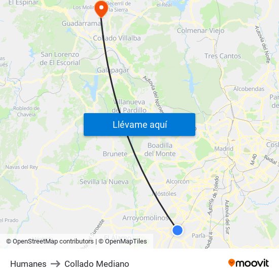 Humanes to Collado Mediano map