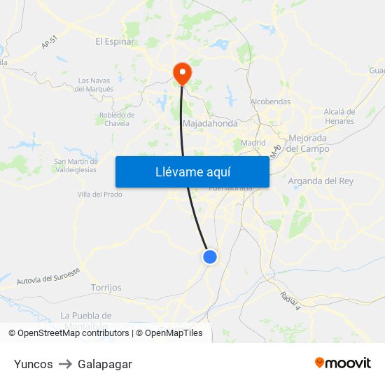 Yuncos to Galapagar map