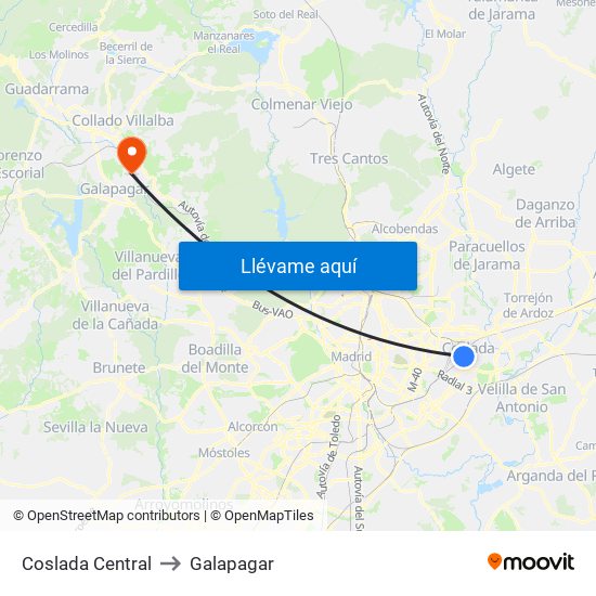 Coslada Central to Galapagar map