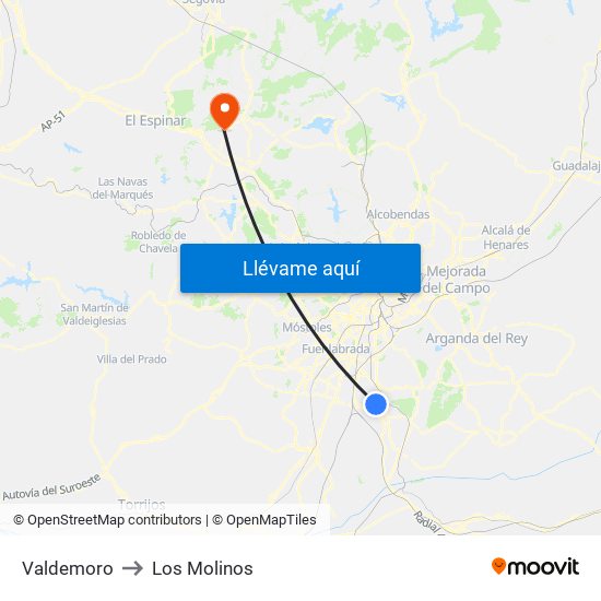 Valdemoro to Los Molinos map