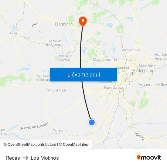 Recas to Los Molinos map