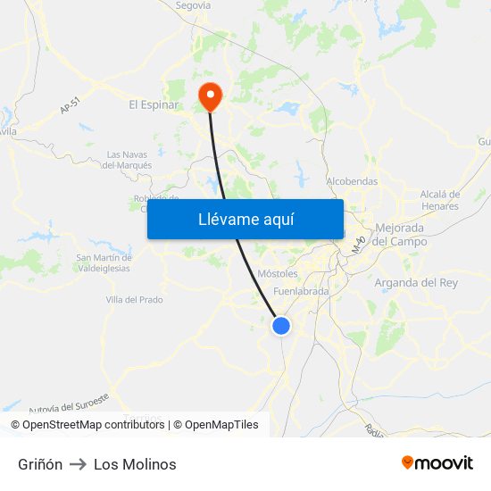 Griñón to Los Molinos map
