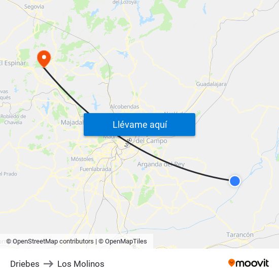 Driebes to Los Molinos map