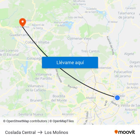 Coslada Central to Los Molinos map