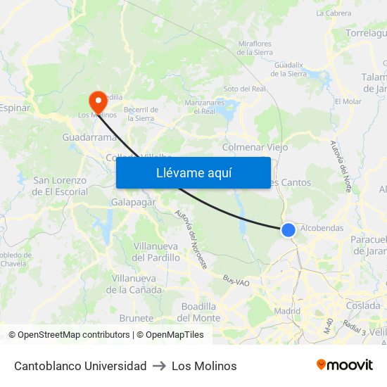 Cantoblanco Universidad to Los Molinos map