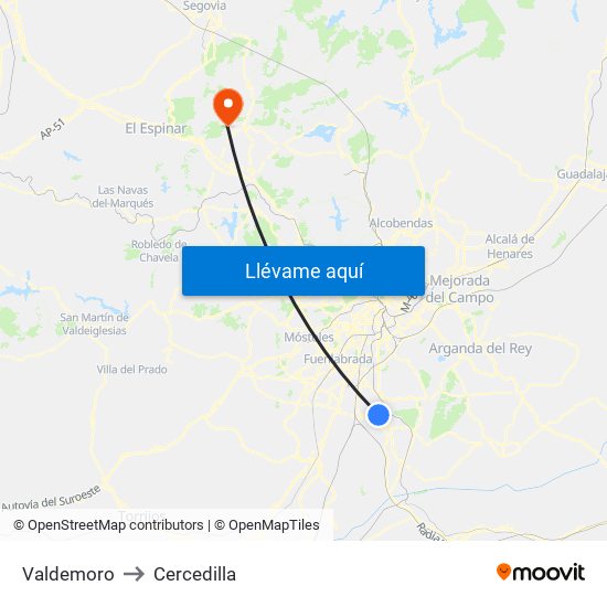 Valdemoro to Cercedilla map