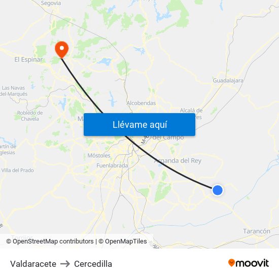 Valdaracete to Cercedilla map