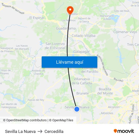 Sevilla La Nueva to Cercedilla map