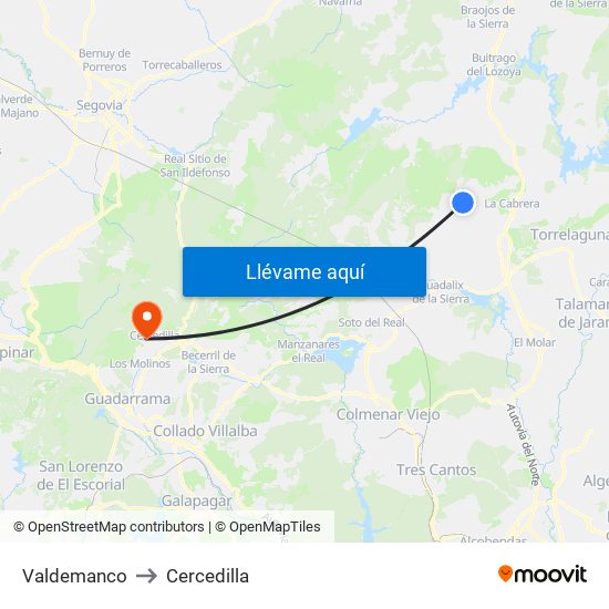 Valdemanco to Cercedilla map