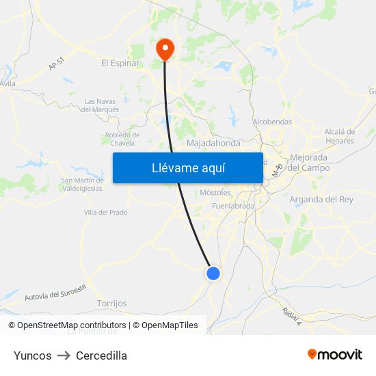Yuncos to Cercedilla map