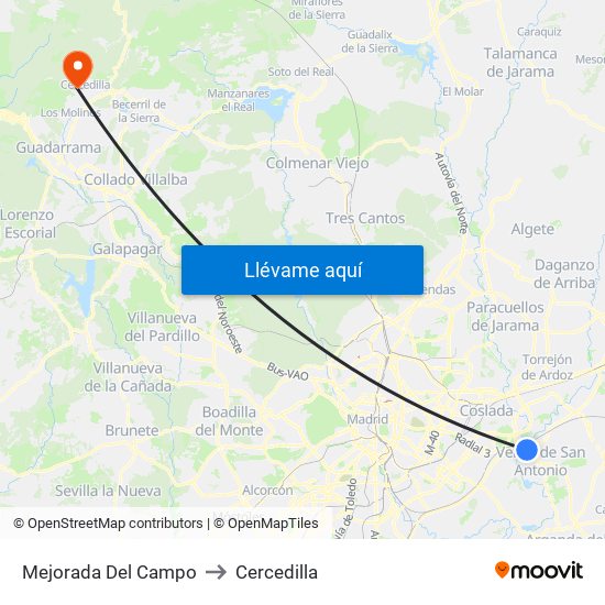 Mejorada Del Campo to Cercedilla map
