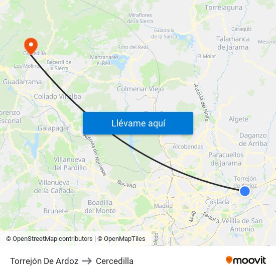 Torrejón De Ardoz to Cercedilla map