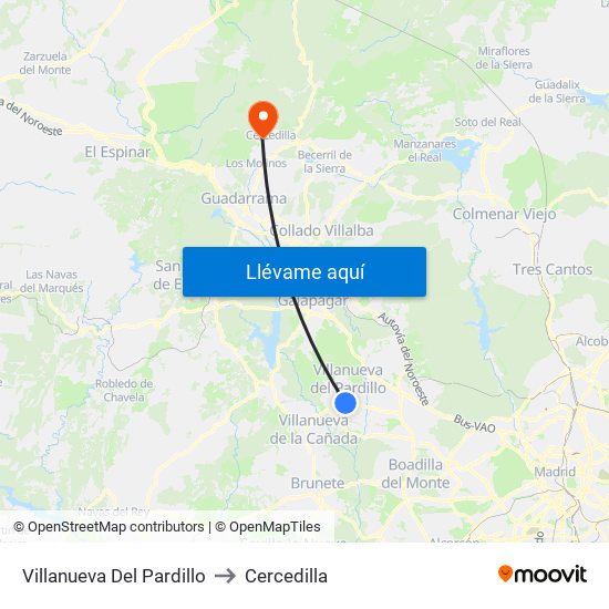 Villanueva Del Pardillo to Cercedilla map