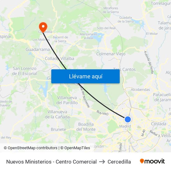 Nuevos Ministerios - Centro Comercial to Cercedilla map