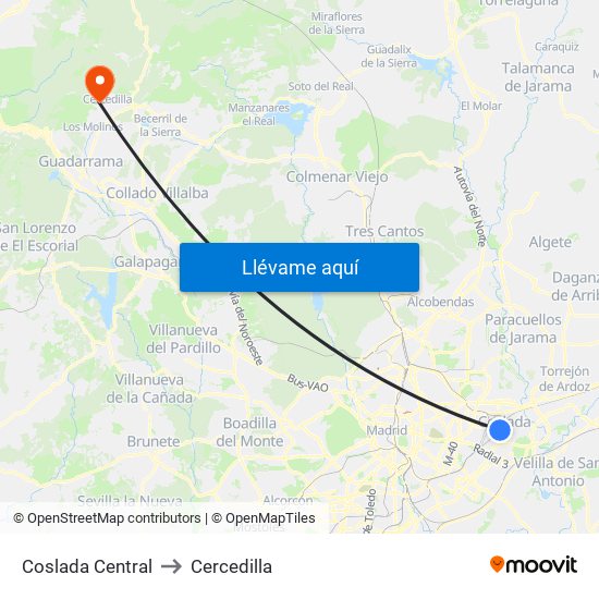 Coslada Central to Cercedilla map