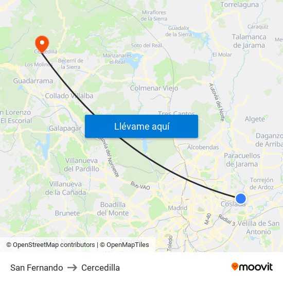 San Fernando to Cercedilla map