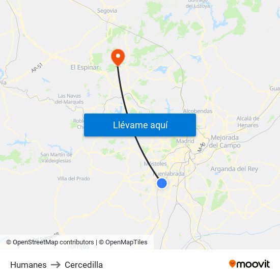 Humanes to Cercedilla map