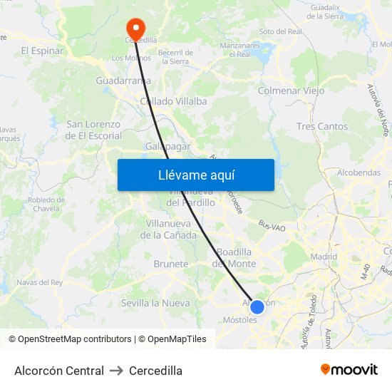 Alcorcón Central to Cercedilla map