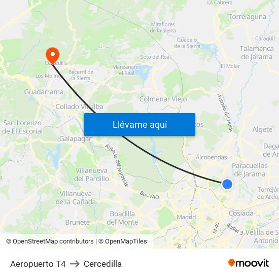 Aeropuerto T4 to Cercedilla map