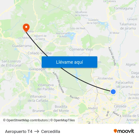 Aeropuerto T4 to Cercedilla map