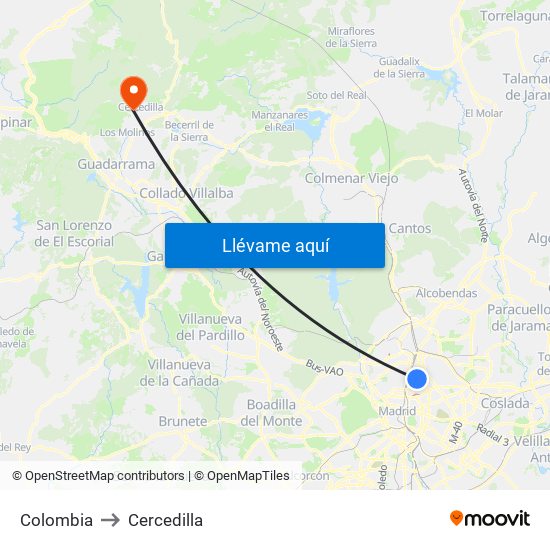 Colombia to Cercedilla map