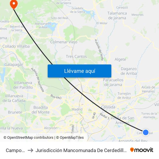 Campo Real to Jurisdicción Mancomunada De Cerdedilla Y Navacerrada map